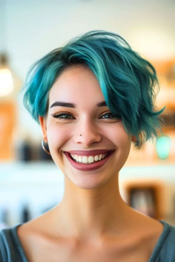 Bright teal crop with flared volume