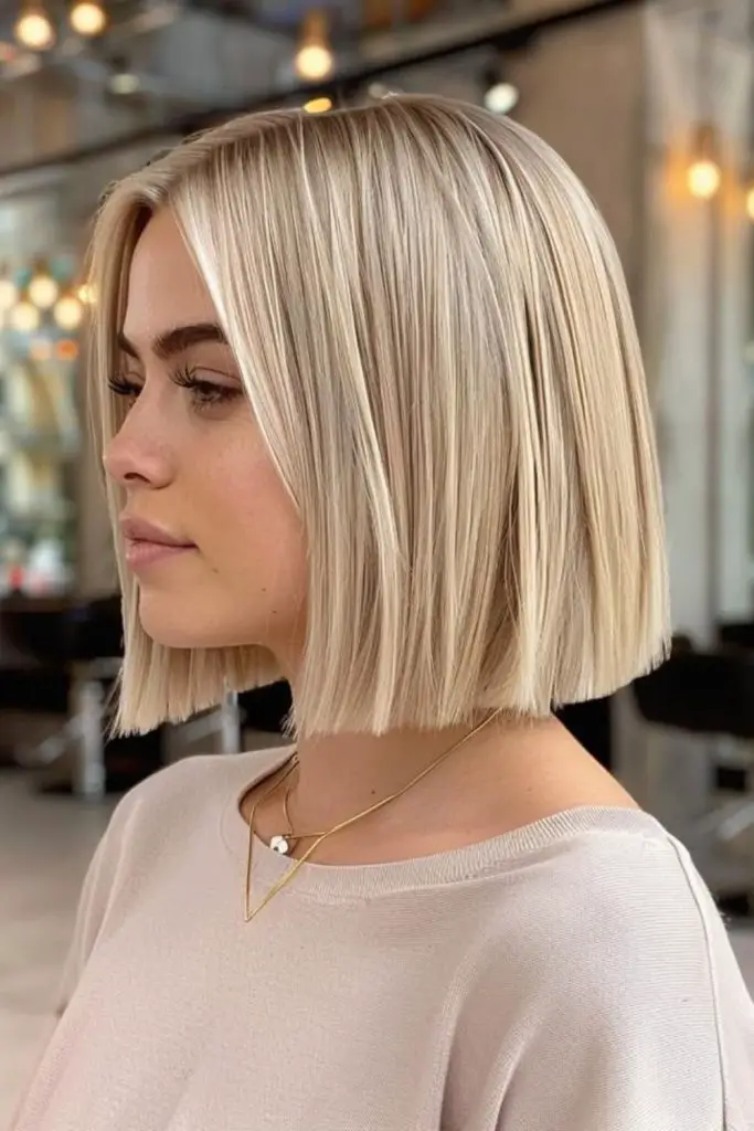Straight-cut platinum bob clean lines