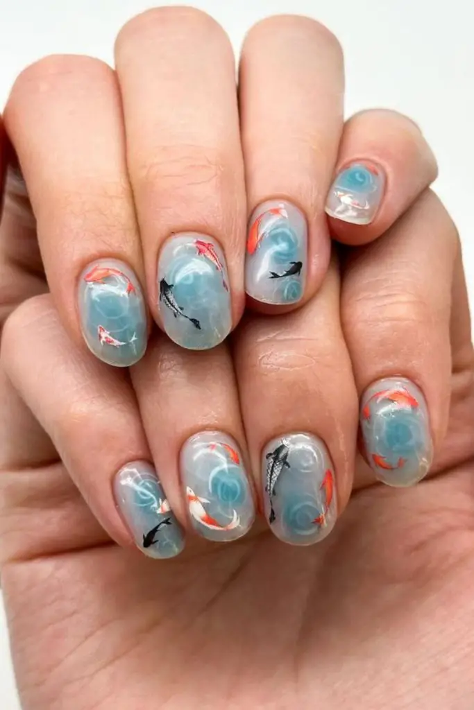 Jelly navy nails with glowing specks.