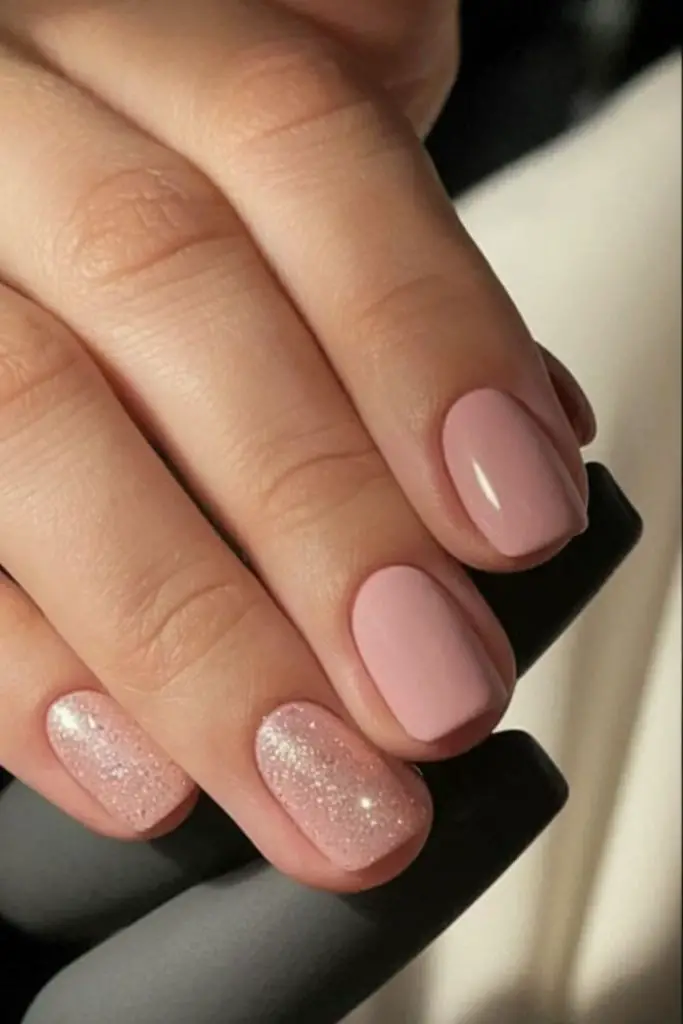 Rose beige short nails with shimmer