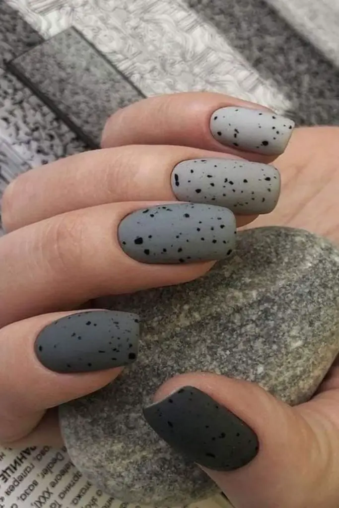 Matte gray nails with dotted trail