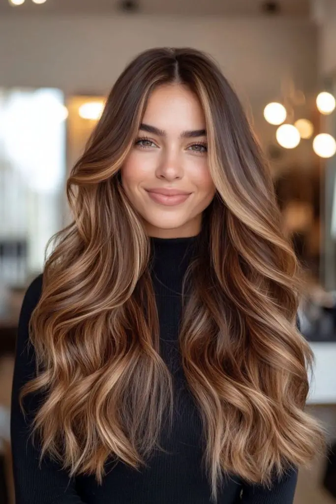 Espresso hair with caramel drip highlights