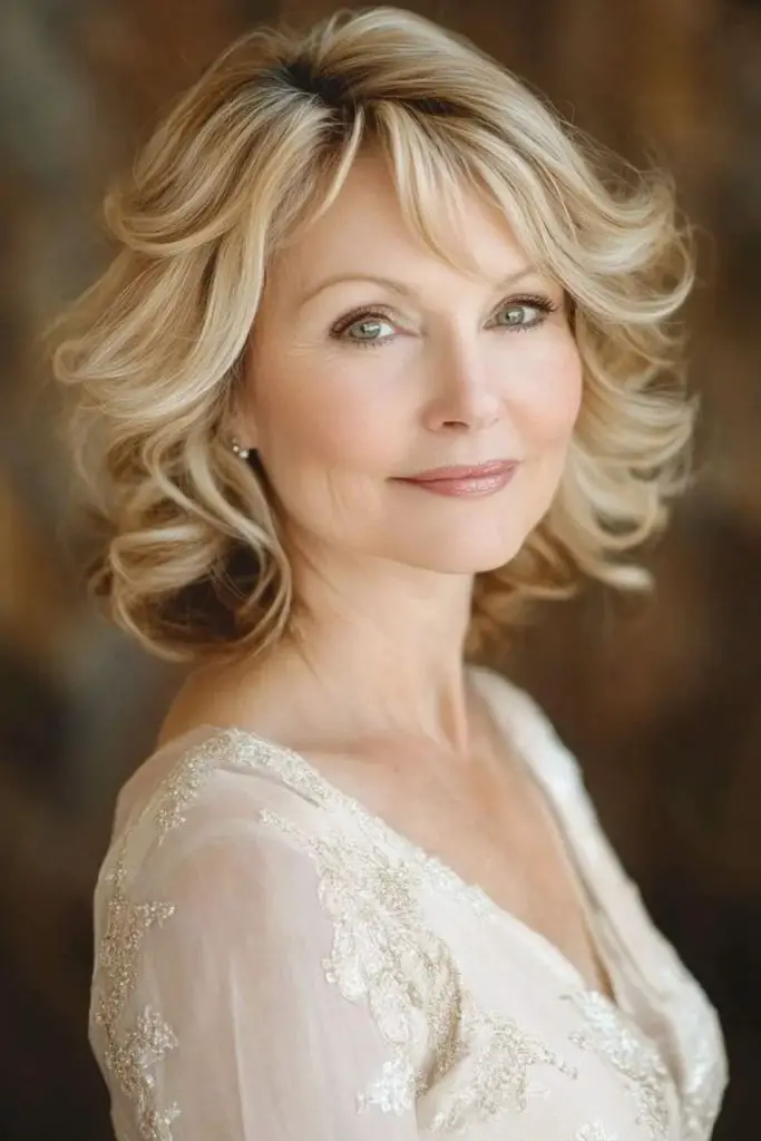 Feathered lift-back hairstyle with dramatic finish.