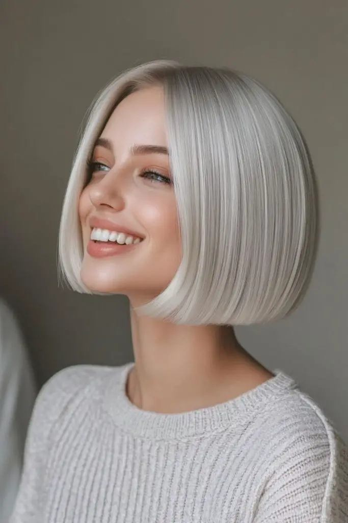 Frost-highlighted bob with icy sheen.
