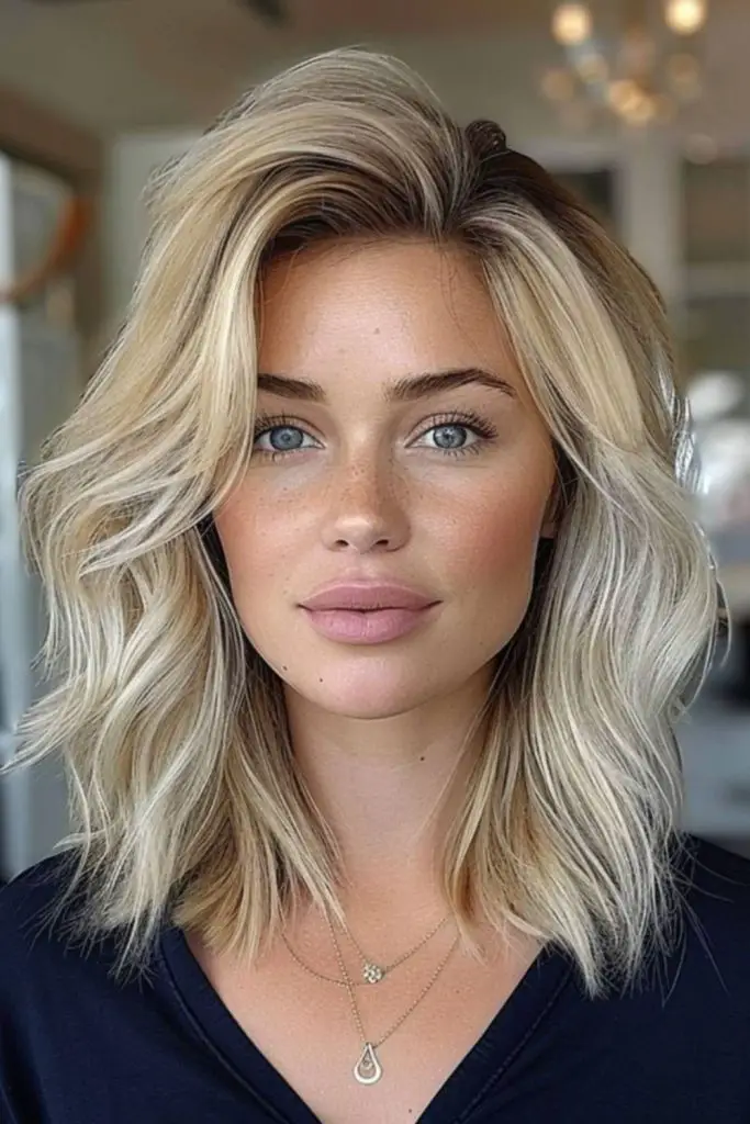 Cool-toned lob with icy blunt tips.