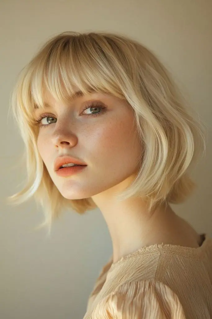 Icy blonde bob with vampire bangs