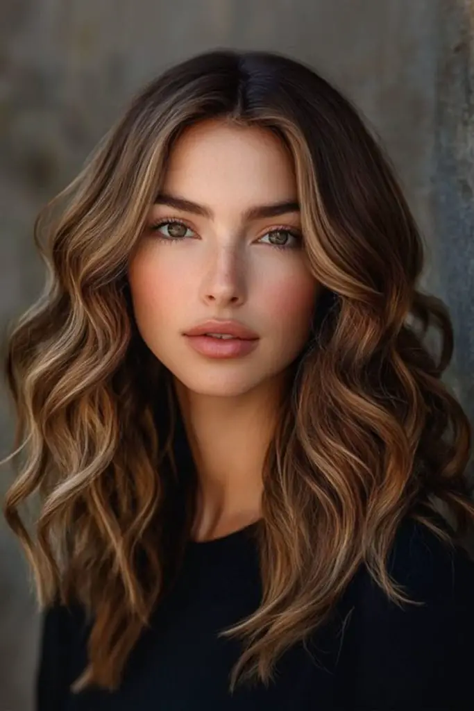 Chunky caramel tiers on brunette hair
