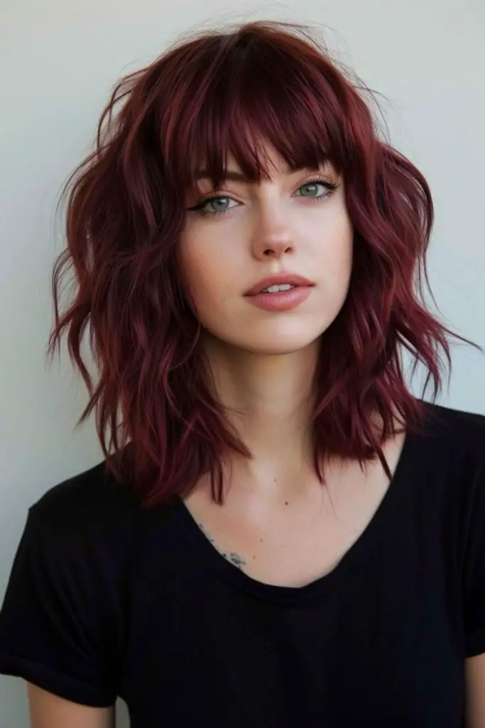 Deep red lob with parted bangs
