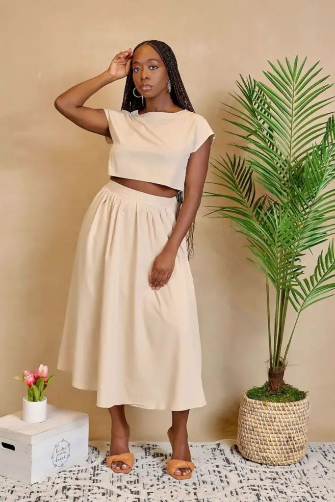 Tan crop and A-line skirt combo