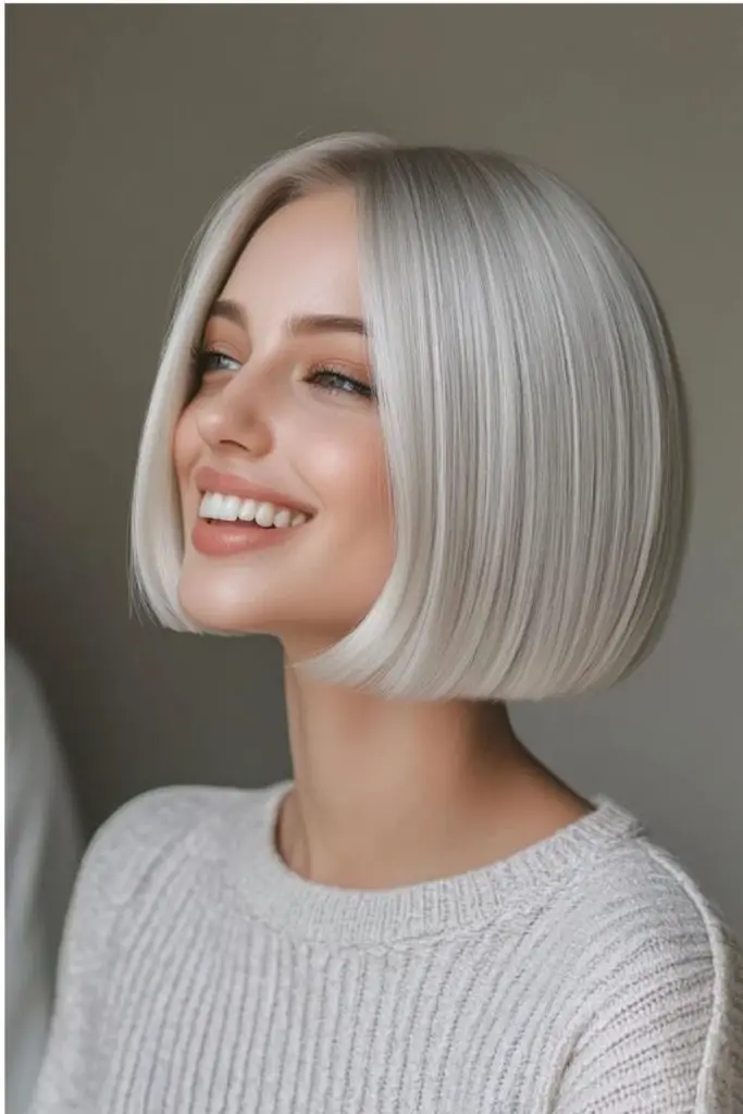 Jawline platinum bob with cool edges