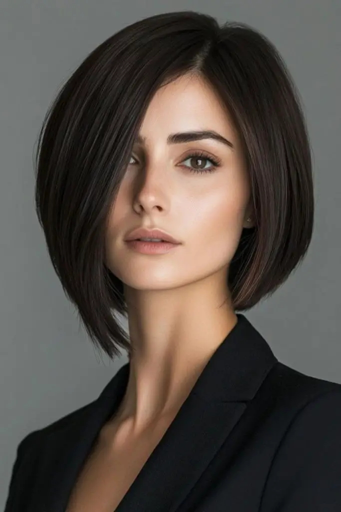 Shiny angled bob with sleek finish.