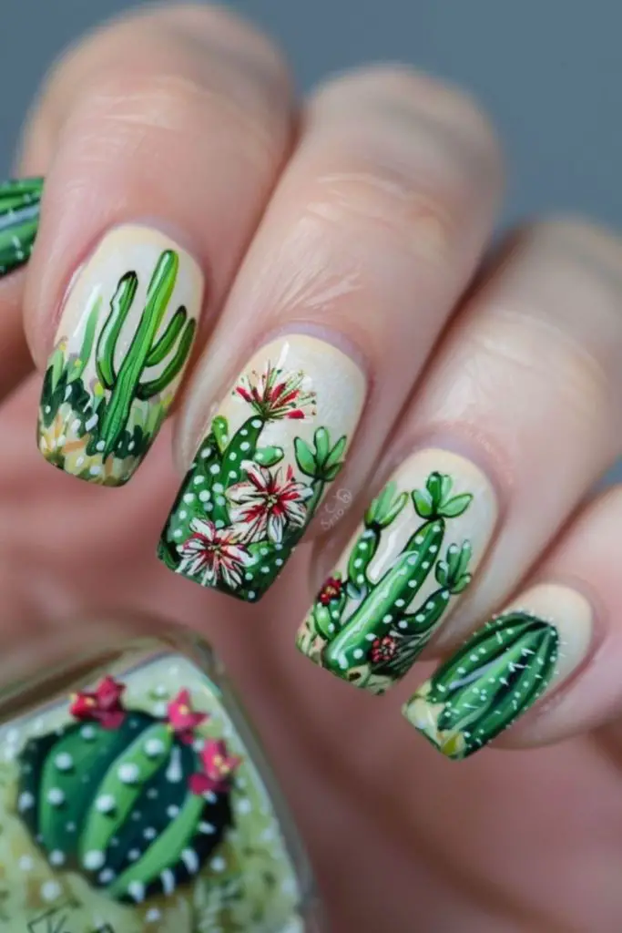 Nude polish with gold cactus dot
