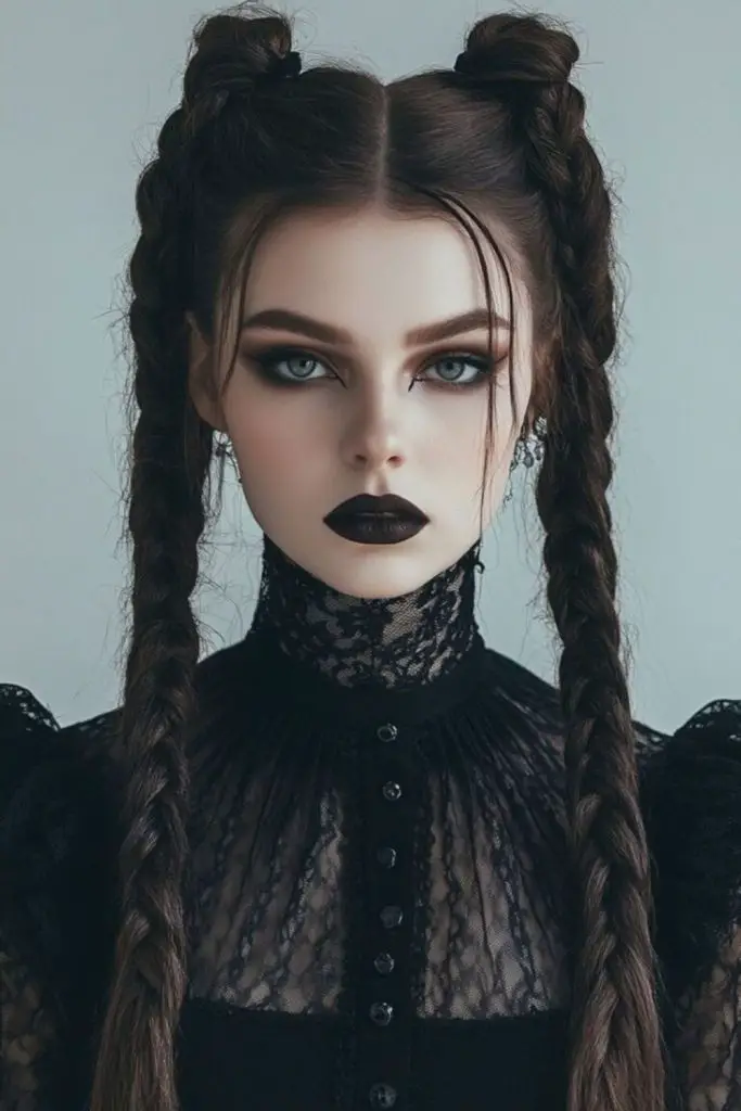 Button-eyed doll with black pigtails