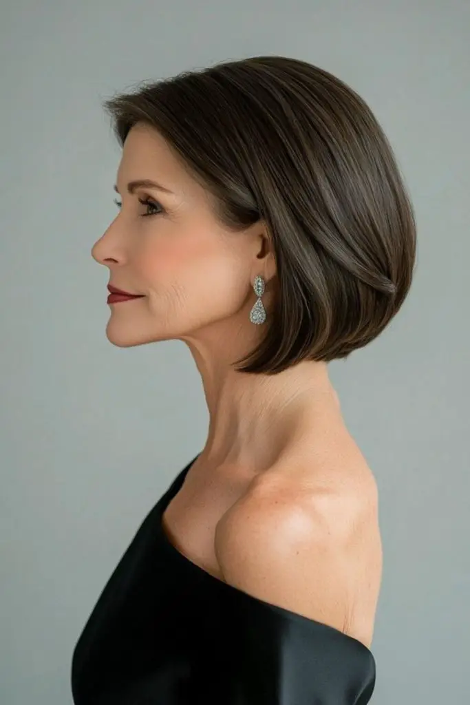 Chin-length bob tucked behind one ear.