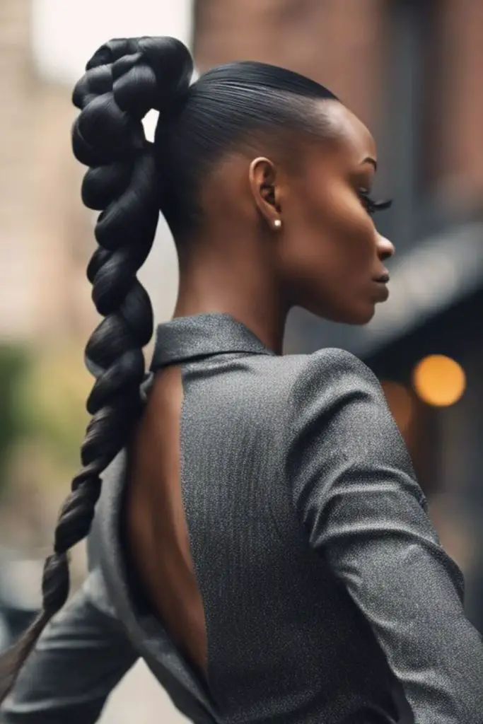 Glossy swirl ponytail with caramel highlights.