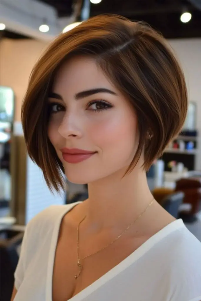 Warm layered bob with gentle movement.
