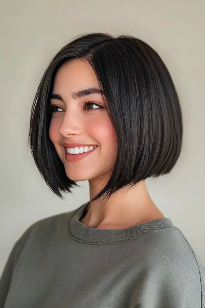 Glossy bob with cold minimal charm.