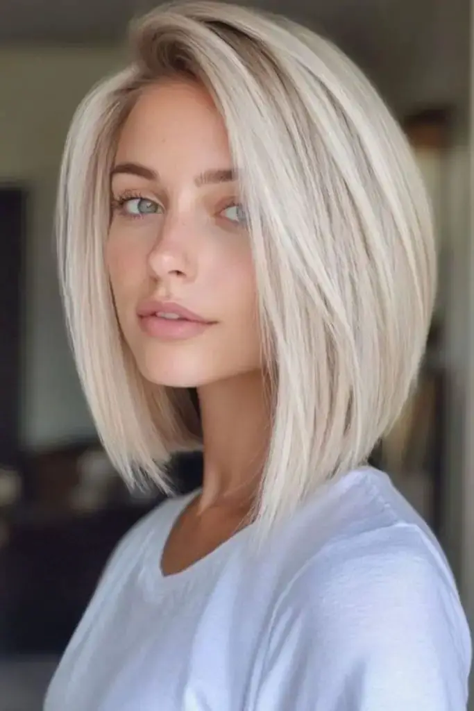 Angled platinum bob off-center cut