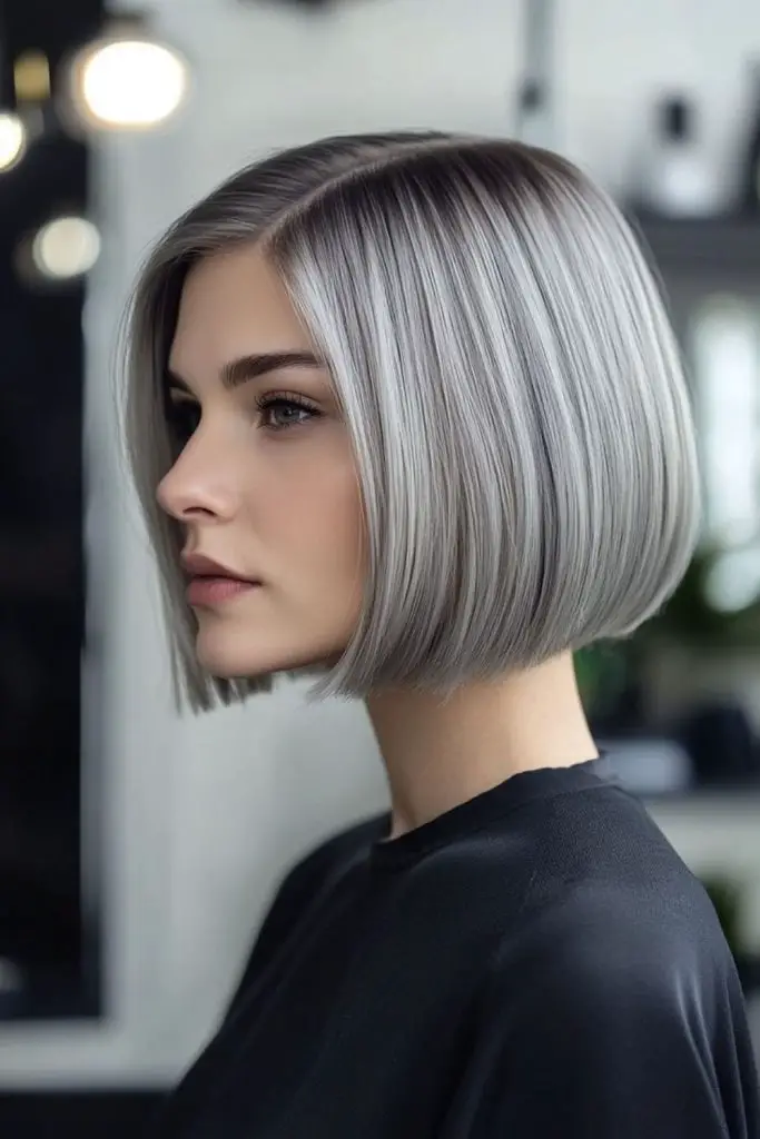 Silver blunt bob with glass shine.