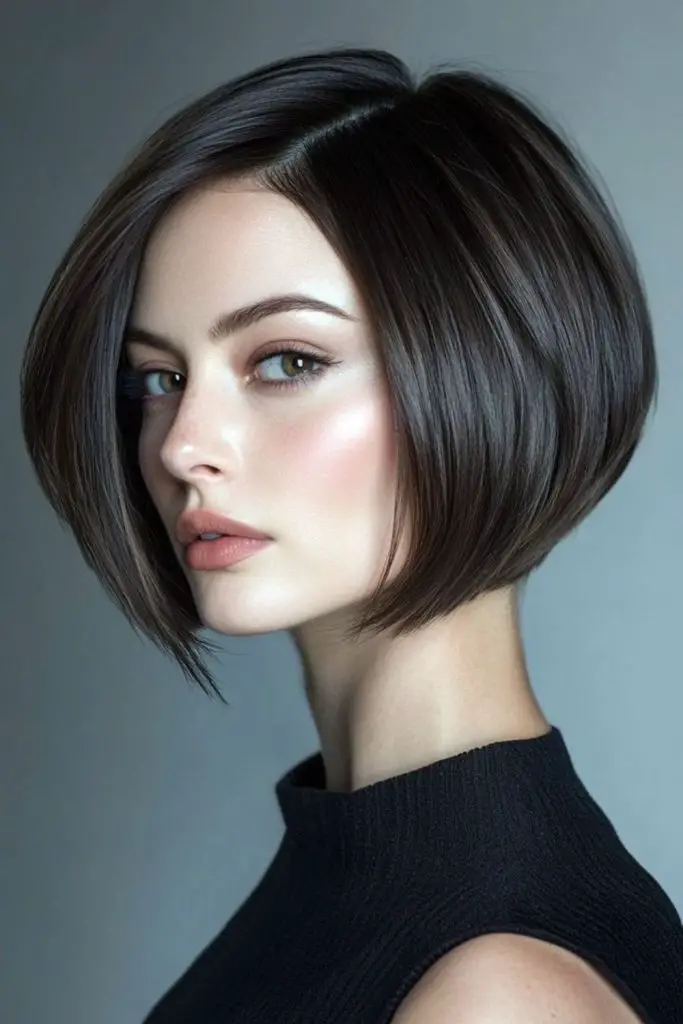 Jet black bob with structured outline.