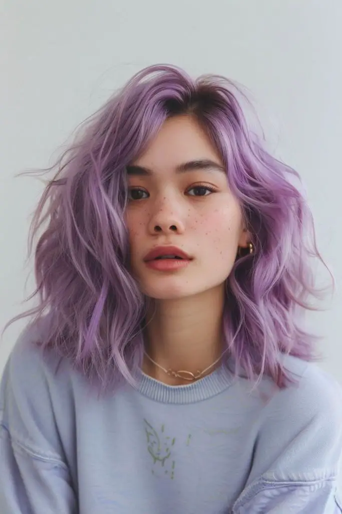 Lavender lob with loose soft fringe

