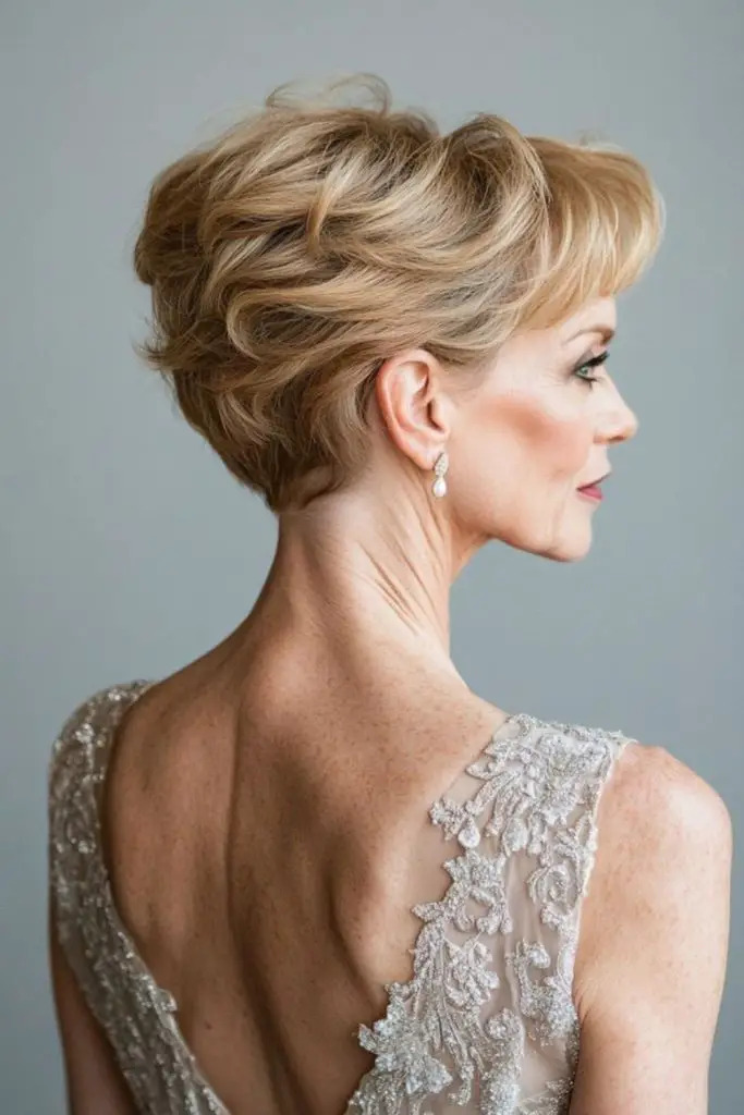 Short pixie with layered swirling texture.