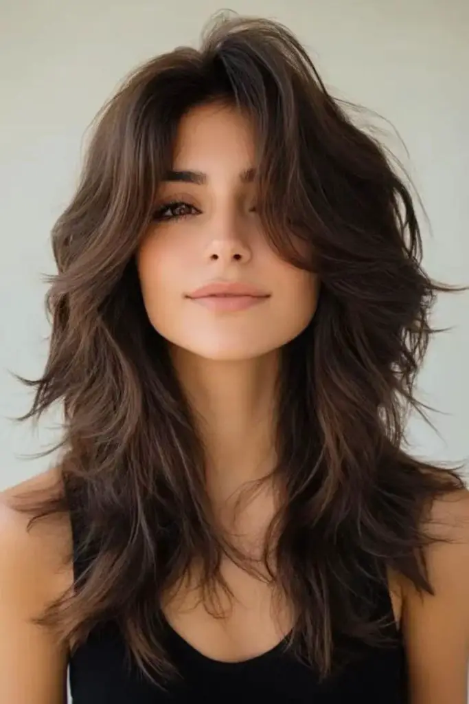 Curtain bangs blended into soft shag.