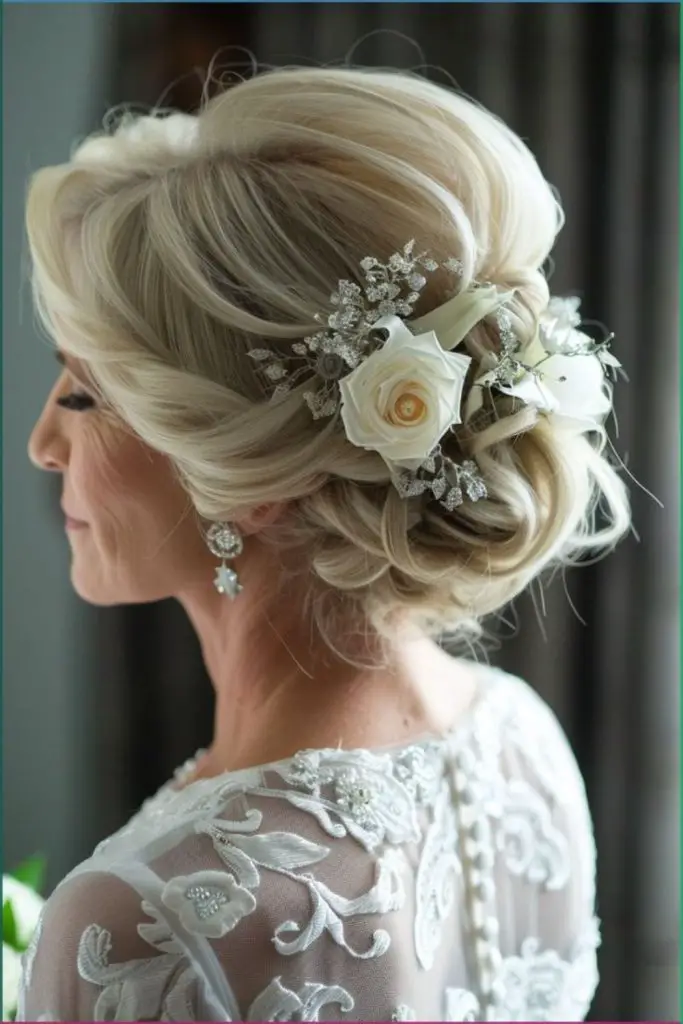 Low bun with delicate rose accents.