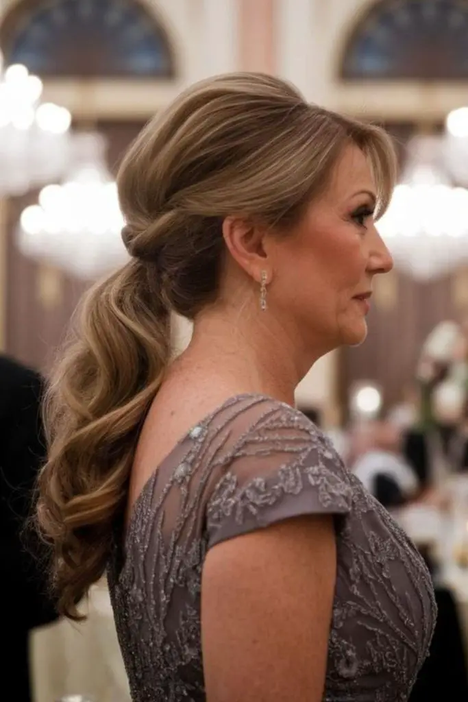 Relaxed low ponytail wrapped in elegance.