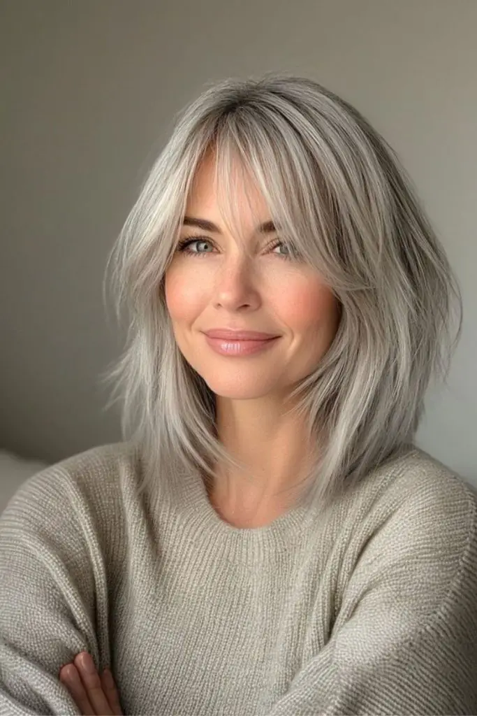 Sleek silvery bob with angular fringe