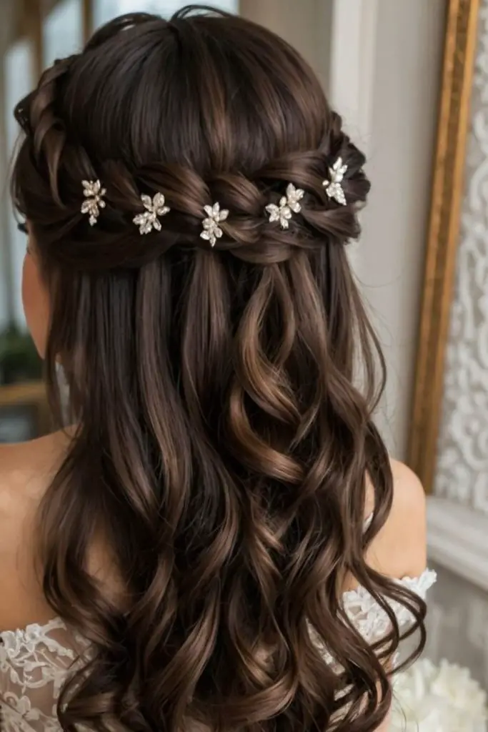 Thick curls styled with subtle braid.