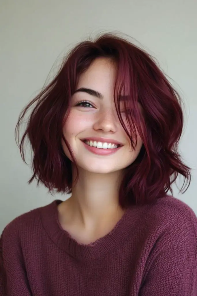 Cherry red bob with blunt bangs