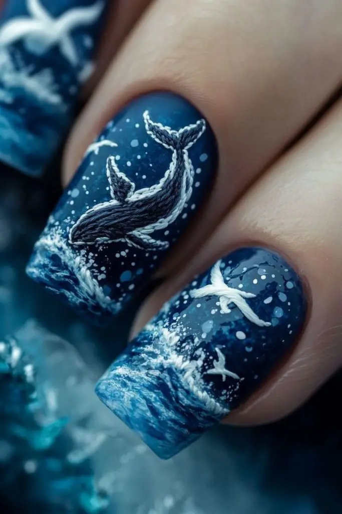 Marbled navy nails with dot streaks.
