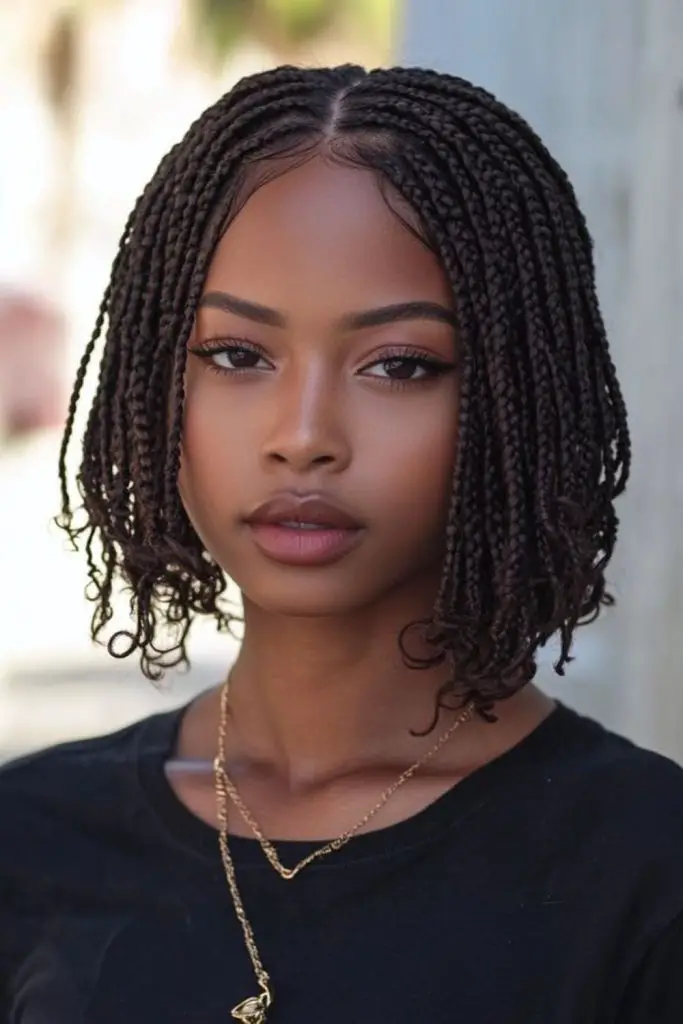 Black braids with curly spiral ends