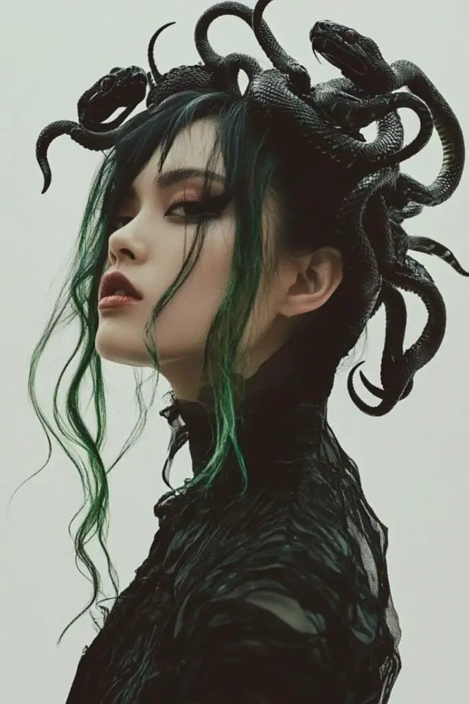 Medusa costume with coiled black hair