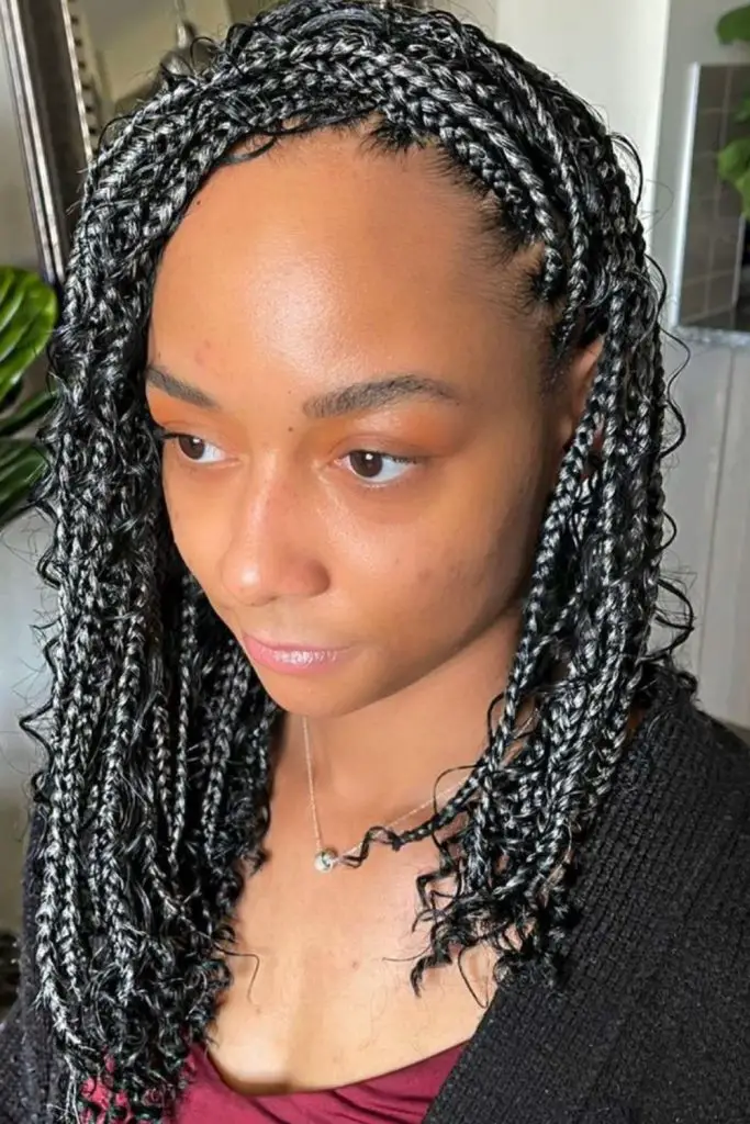 Gray knotless braids with glitter threads