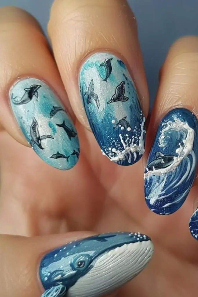 Frosty slate nails with speckled tips.