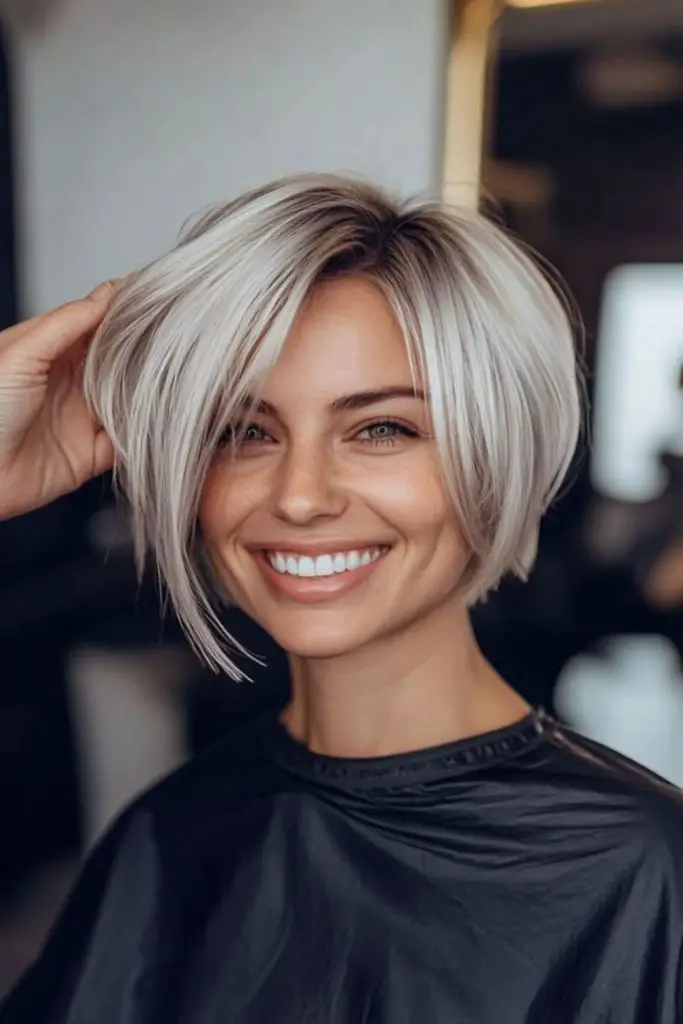 Sharp asymmetrical bob with sleek finish

