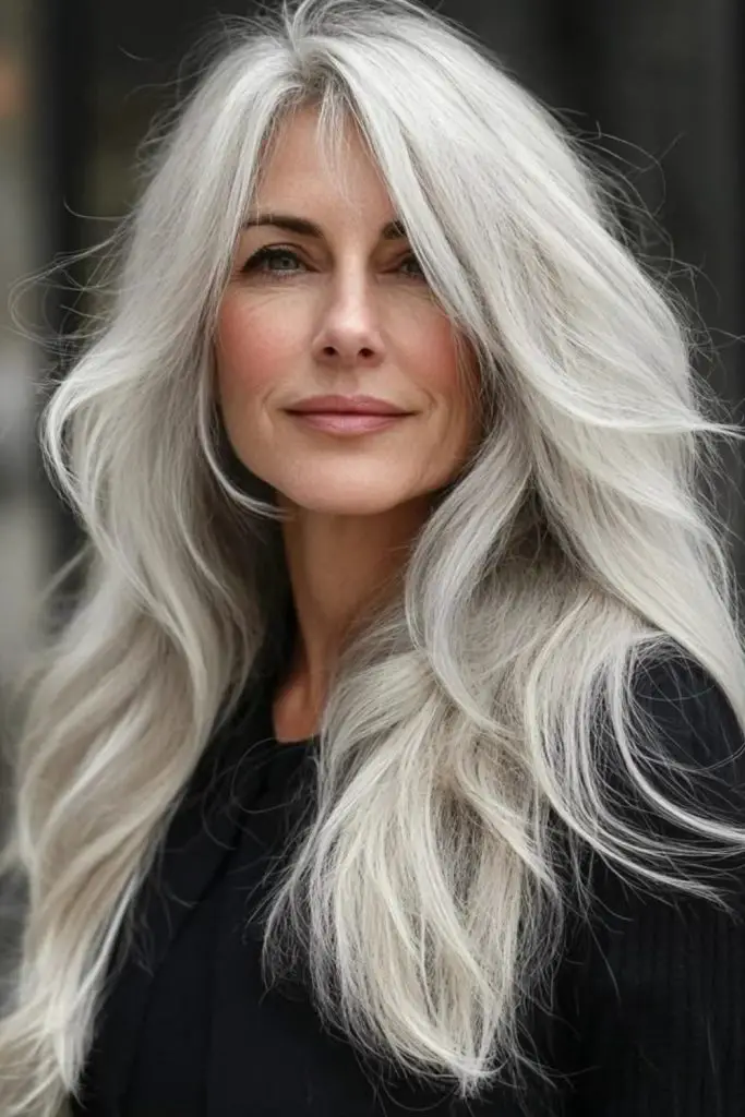 Silvery long strands with under flick