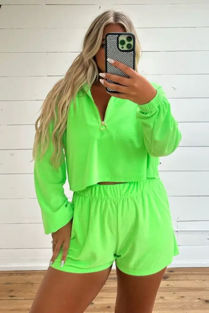 Neon green crop and biker shorts