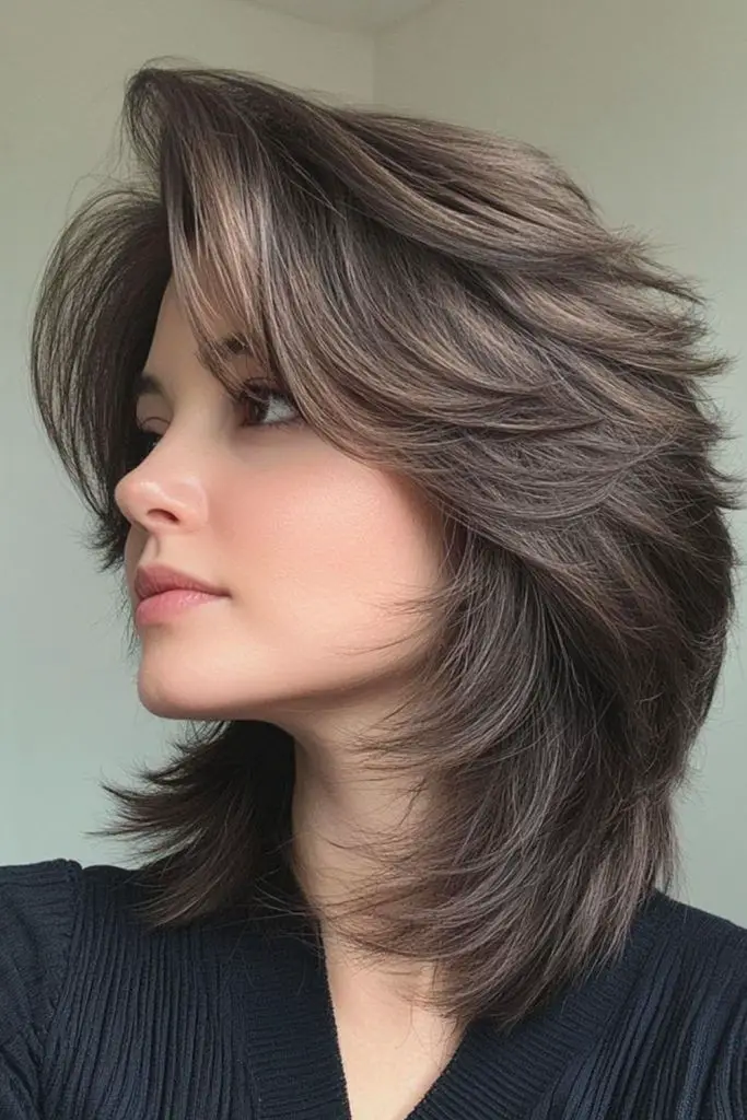 Dark feathered bob forming arched ends