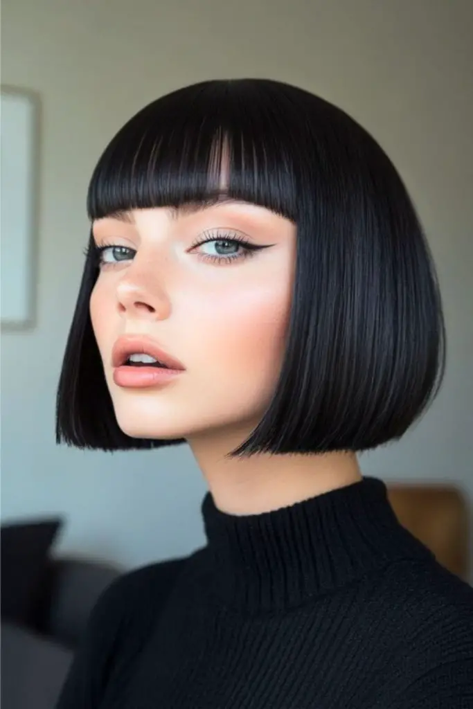 Sleek black bob with velvet fringe
