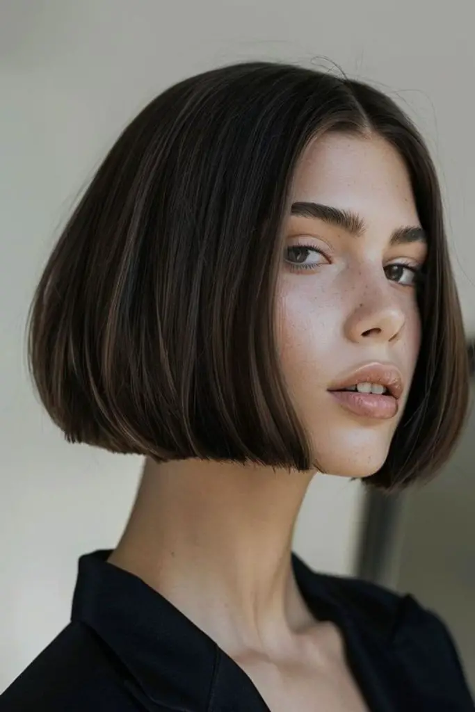Black olive jaw-length straight bob.