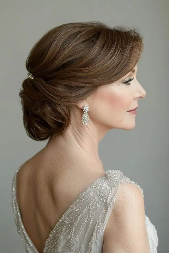 Elegant low chignon with soft volume.