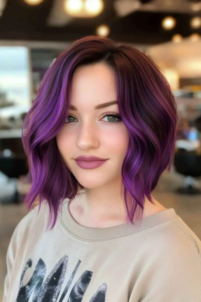 Sleek purple bob with floral grace