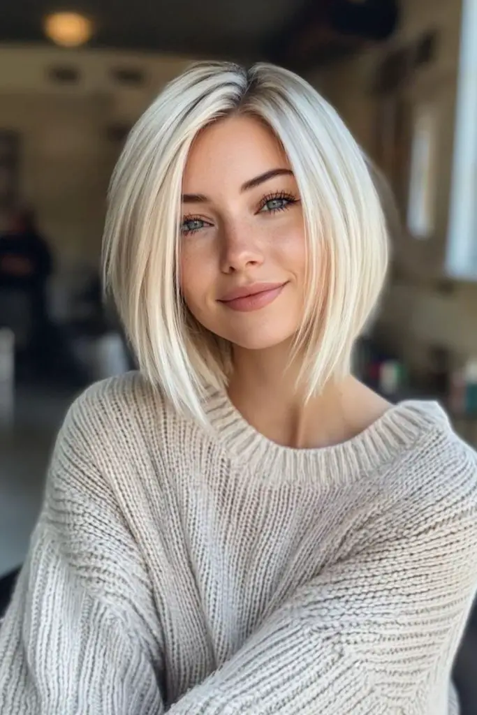 Razor-cut platinum bob sharp vibe