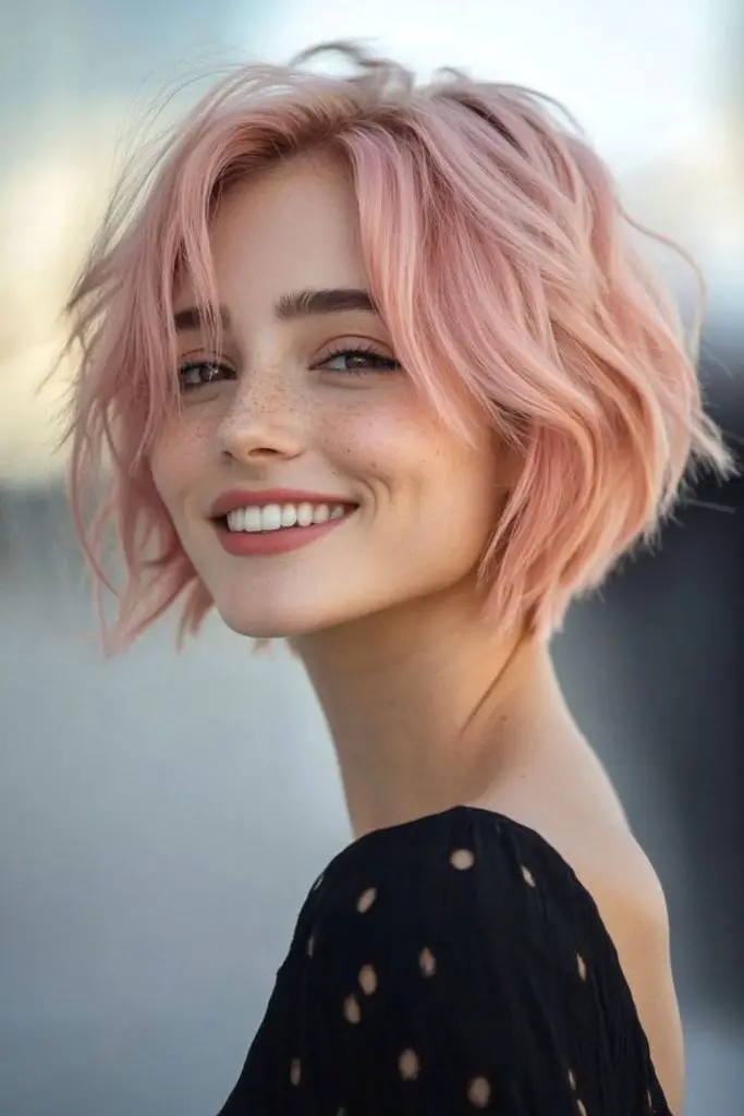 Faded peach bob with soft bangs