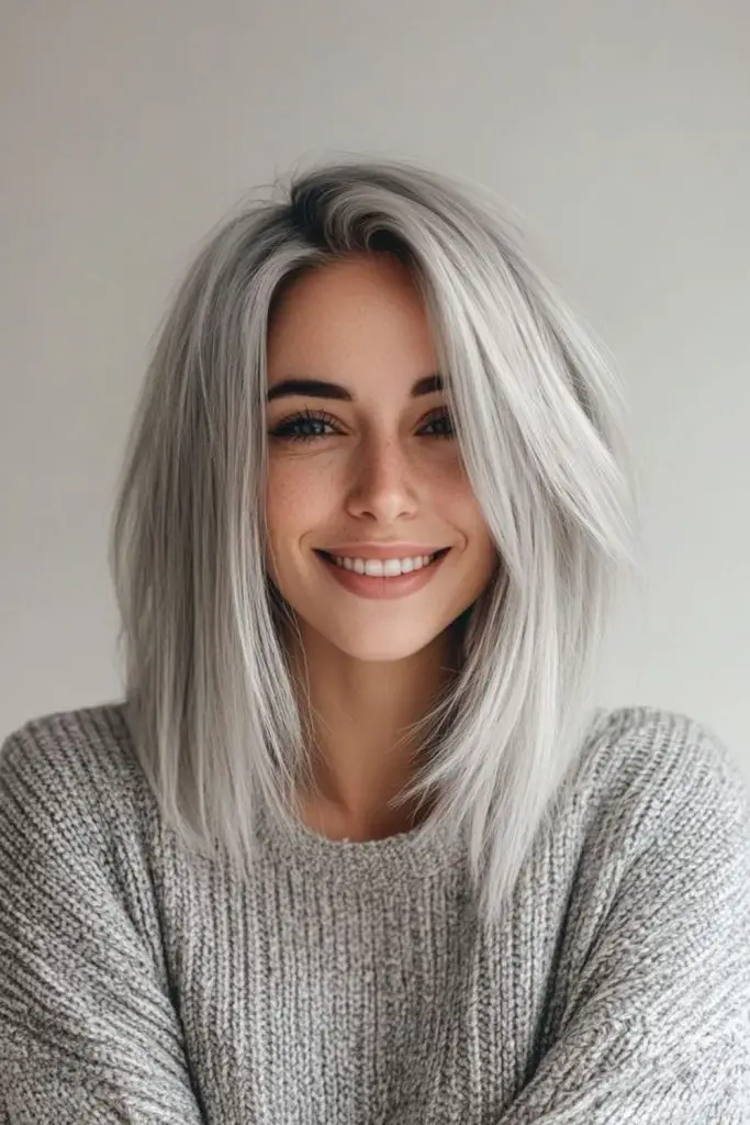 Silvery lob with glowing parted bangs