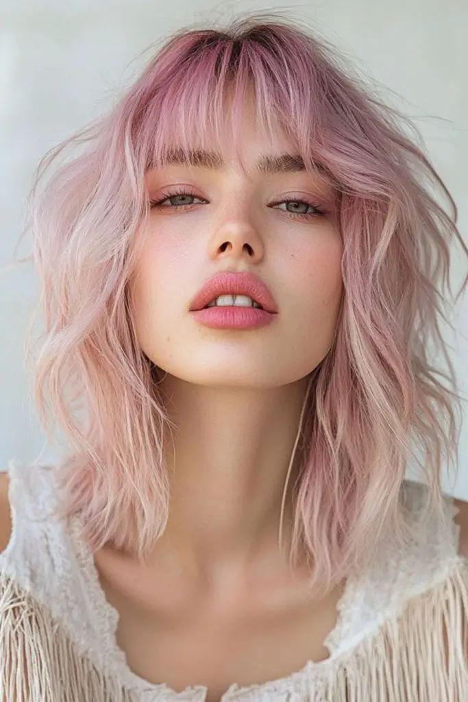 Soft pink lob with dreamy bangs