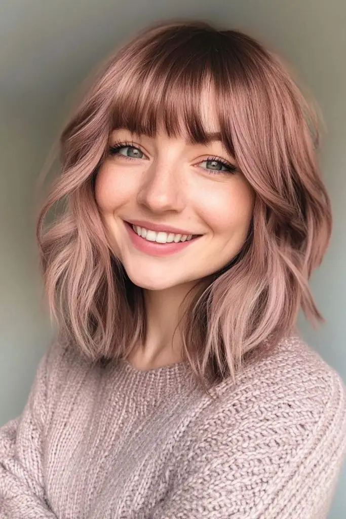 Floral pastel bob with bold bangs
